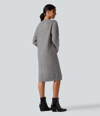 Round Neck Long Sleeve Midi Work Dress