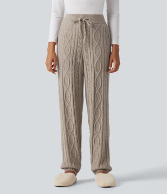 High Waisted Drawstring Cable Knit Lounging Sweater Pants with Pockets