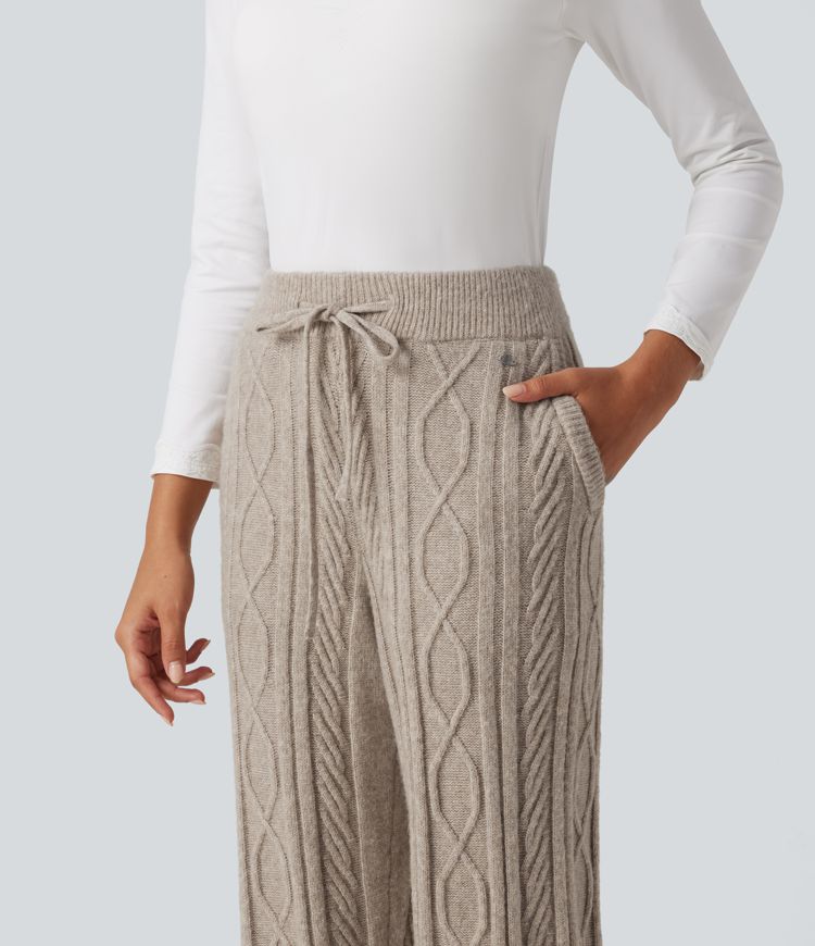 High Waisted Drawstring Cable Knit Lounging Sweater Pants with Pockets