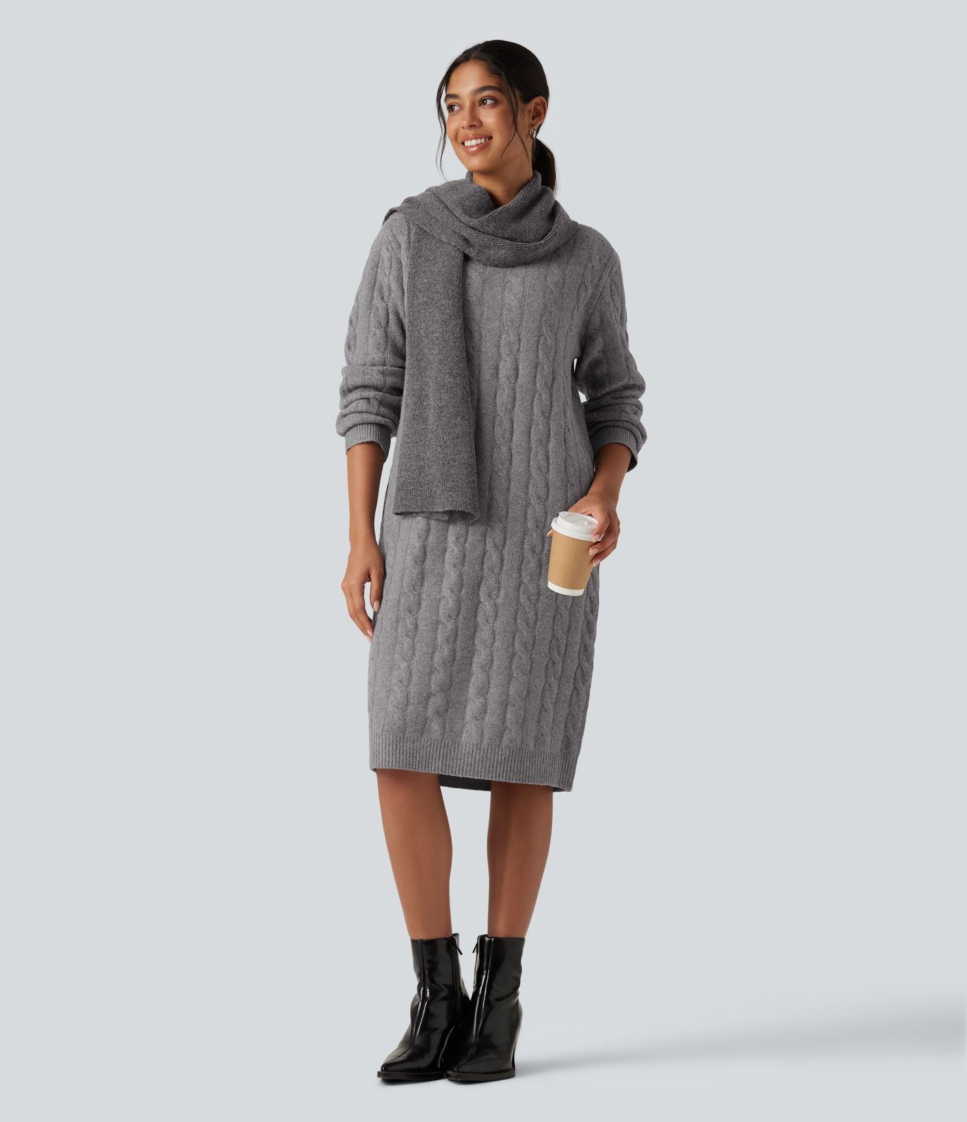 Round Neck Long Sleeve Midi Work Dress