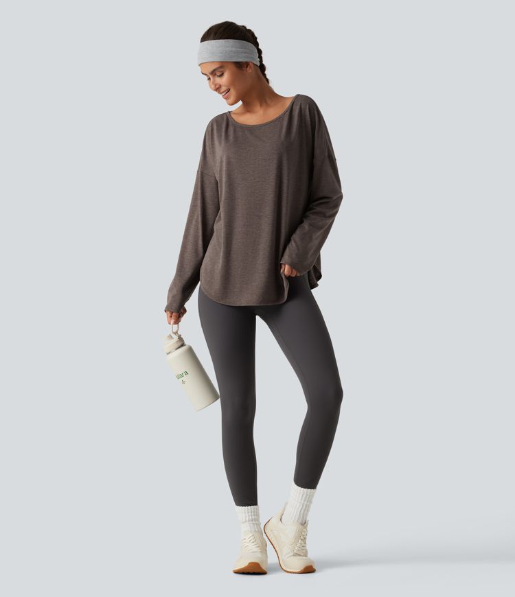 Boat Neck Dropped Shoulder Long Sleeve Yoga Sports Top