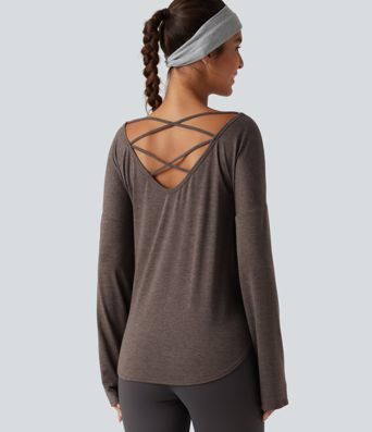 Boat Neck Dropped Shoulder Long Sleeve Yoga Sports Top