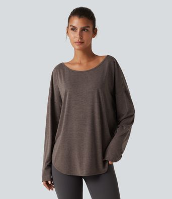 Boat Neck Dropped Shoulder Long Sleeve Yoga Sports Top