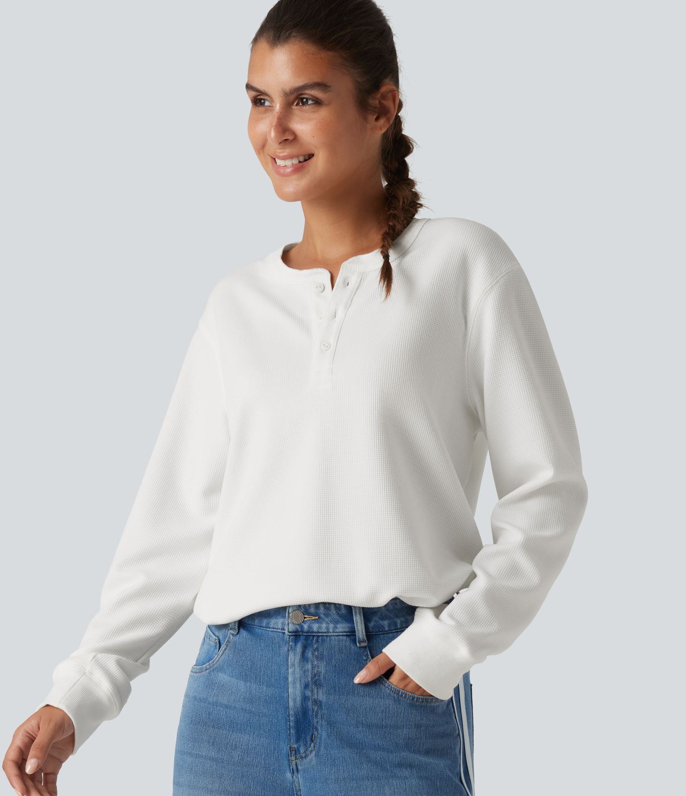Henley Neck Long Sleeve Waffle Casual Top Henley Neck Long Sleeve Waffle Casual Top
