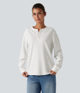 Henley Neck Long Sleeve Waffle Casual Top Henley Neck Long Sleeve Waffle Casual Top