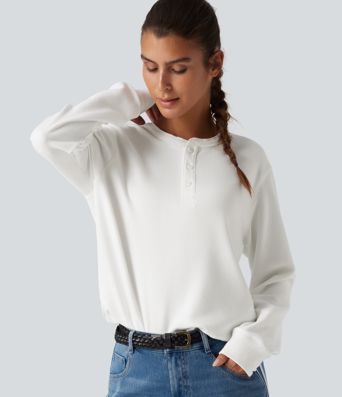 Henley Neck Long Sleeve Waffle Casual Top Henley Neck Long Sleeve Waffle Casual Top