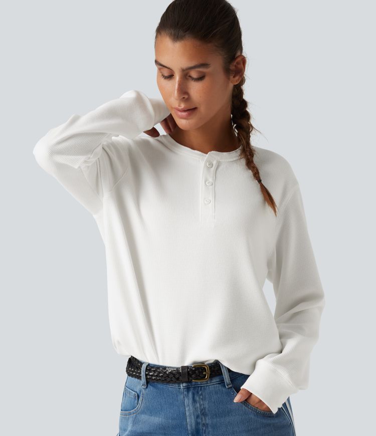 Henley Neck Long Sleeve Waffle Casual Top Henley Neck Long Sleeve Waffle Casual Top