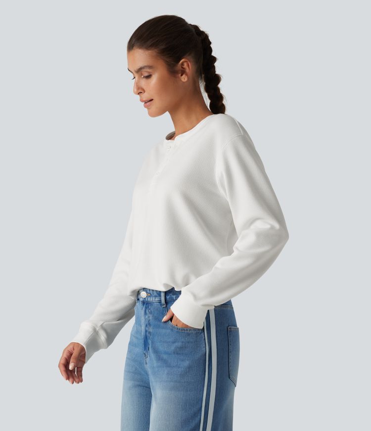 Henley Neck Long Sleeve Waffle Casual Top Henley Neck Long Sleeve Waffle Casual Top