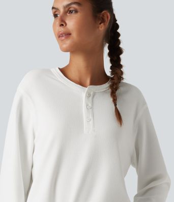 Henley Neck Long Sleeve Waffle Casual Top Henley Neck Long Sleeve Waffle Casual Top