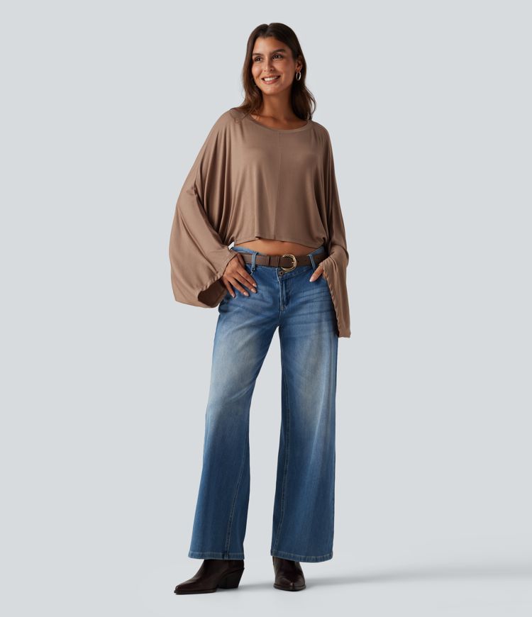 Ribbed Boat Neck Long Sleeve Batwing Casual Top Ribbed Boat Neck Long Sleeve Batwing Casual Top