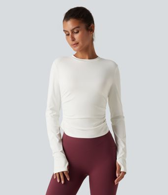 Gerafftes Yoga-Sport-Top mit Rundhalsausschnitt, langen Ärmeln und Daumenlöchern Gerafftes Yoga-Sport-Top mit Rundhalsausschnitt, langen Ärmeln und Daumenlöchern