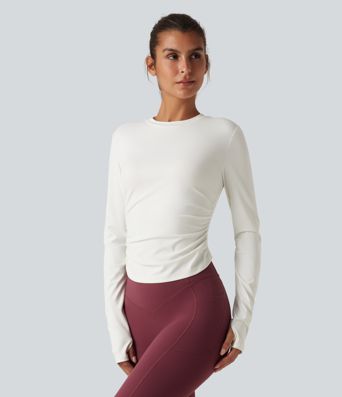 Gerafftes Yoga-Sport-Top mit Rundhalsausschnitt, langen Ärmeln und Daumenlöchern Gerafftes Yoga-Sport-Top mit Rundhalsausschnitt, langen Ärmeln und Daumenlöchern