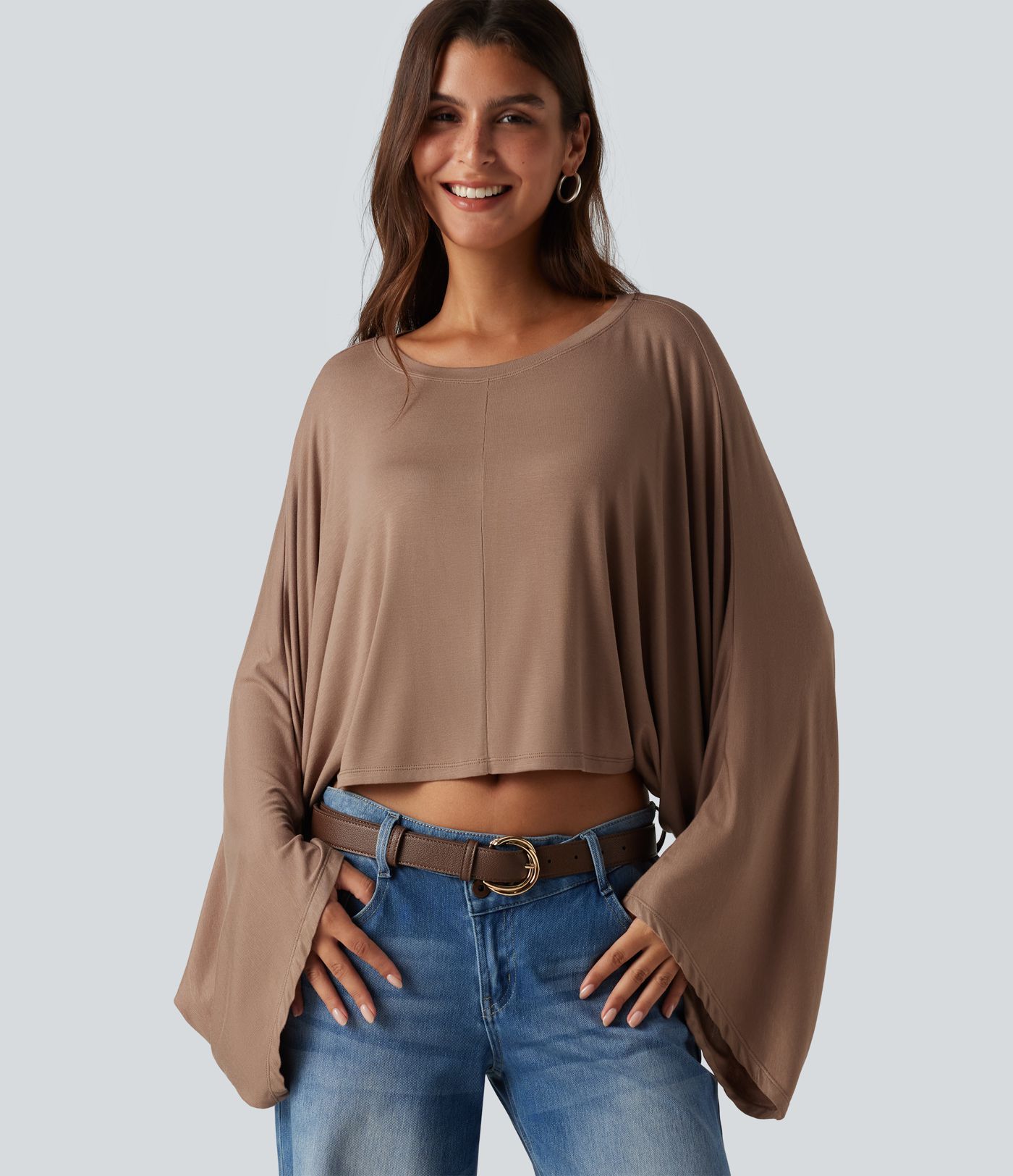 Ribbed Boat Neck Long Sleeve Batwing Casual Top Ribbed Boat Neck Long Sleeve Batwing Casual Top