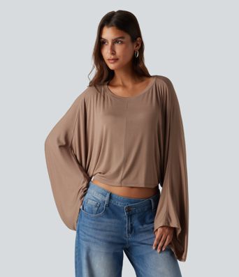 Ribbed Boat Neck Long Sleeve Batwing Casual Top Ribbed Boat Neck Long Sleeve Batwing Casual Top