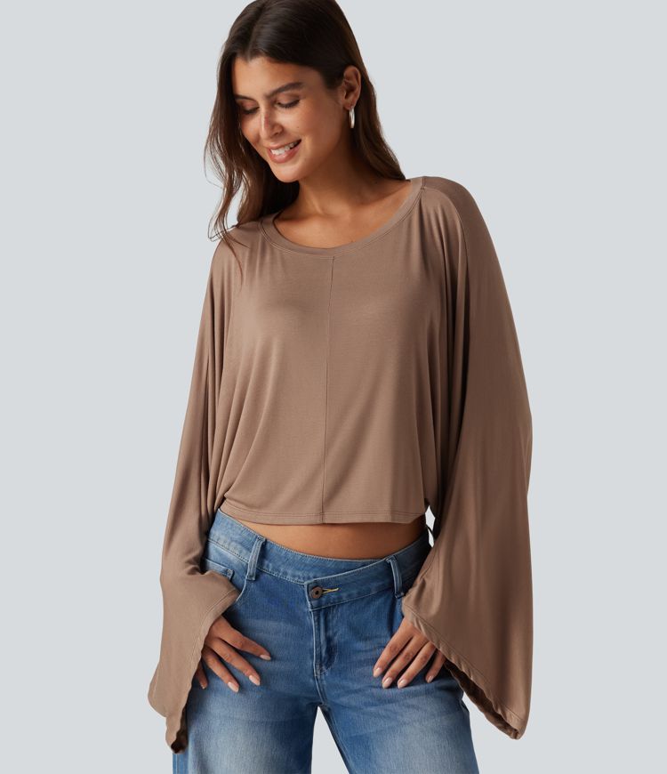 Ribbed Boat Neck Long Sleeve Batwing Casual Top Ribbed Boat Neck Long Sleeve Batwing Casual Top