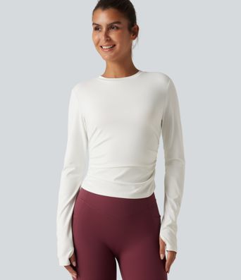 Gerafftes Yoga-Sport-Top mit Rundhalsausschnitt, langen Ärmeln und Daumenlöchern Gerafftes Yoga-Sport-Top mit Rundhalsausschnitt, langen Ärmeln und Daumenlöchern