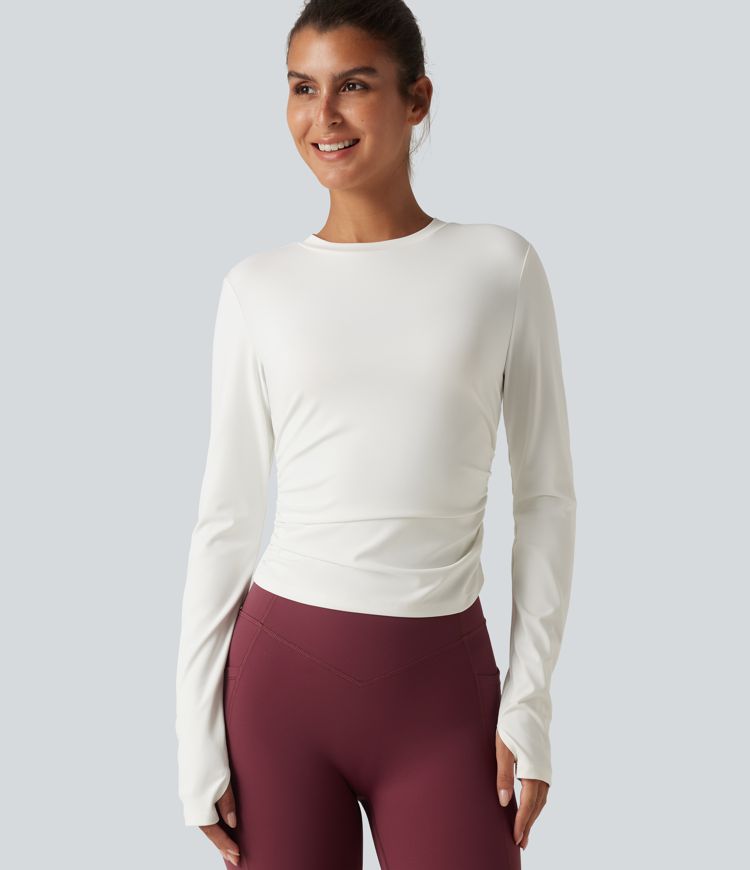 Gerafftes Yoga-Sport-Top mit Rundhalsausschnitt, langen Ärmeln und Daumenlöchern Gerafftes Yoga-Sport-Top mit Rundhalsausschnitt, langen Ärmeln und Daumenlöchern