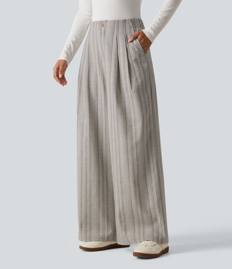 High Waisted Baggy Stripe Casual Linen-Feel Pants with Pockets High Waisted Baggy Stripe Casual Linen-Feel Pants with Pockets