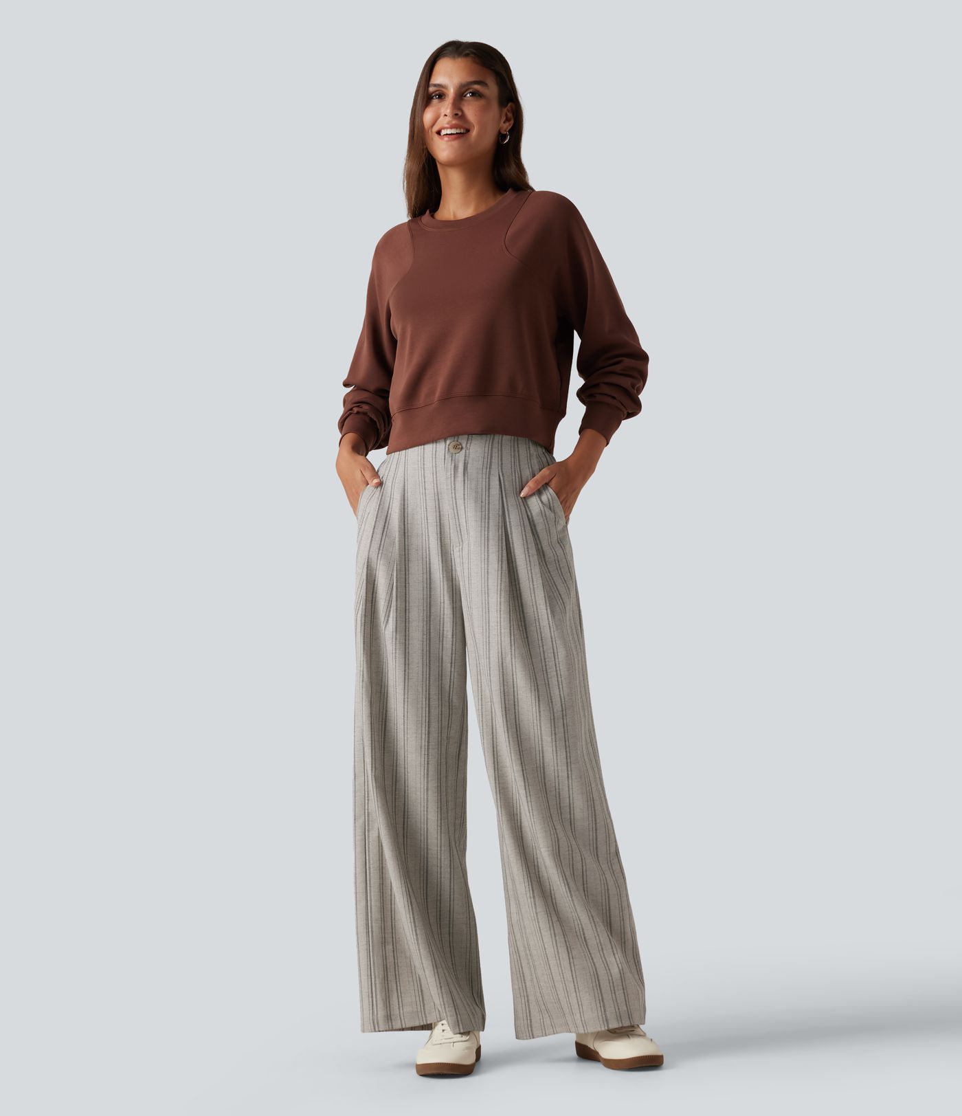 High Waisted Baggy Stripe Casual Linen-Feel Pants with Pockets High Waisted Baggy Stripe Casual Linen-Feel Pants with Pockets