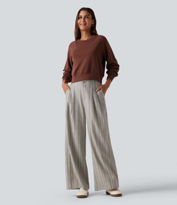 High Waisted Baggy Stripe Casual Linen-Feel Pants with Pockets High Waisted Baggy Stripe Casual Linen-Feel Pants with Pockets