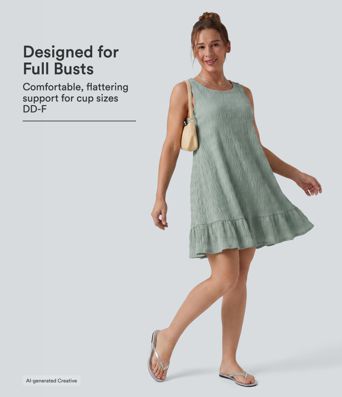 Round Neck Built-in Bra Sleeveless Ruffle Hem Mini Casual Dress DD-F Cups