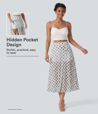 Hoch geschnittener 2-in-1 Midi-Urlaubsrock mit Kordelzug, gepunktetem Mesh, weitschwingendem Saum und Taschen
