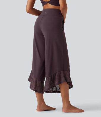 SoftlyZero™ High Waisted Contrast Lace Curved Hem Wide Leg Yoga Pants with Pockets-UPF50+ SoftlyZero™ High Waisted Contrast Lace Curved Hem Wide Leg Yoga Pants with Pockets-UPF50+