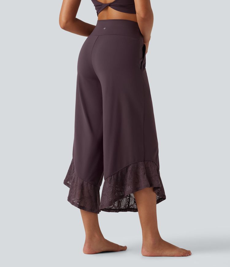 SoftlyZero™ High Waisted Contrast Lace Curved Hem Wide Leg Yoga Pants with Pockets-UPF50+ SoftlyZero™ High Waisted Contrast Lace Curved Hem Wide Leg Yoga Pants with Pockets-UPF50+