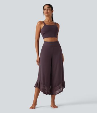 SoftlyZero™ High Waisted Contrast Lace Curved Hem Wide Leg Yoga Pants with Pockets-UPF50+ SoftlyZero™ High Waisted Contrast Lace Curved Hem Wide Leg Yoga Pants with Pockets-UPF50+