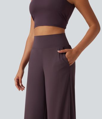 SoftlyZero™ High Waisted Contrast Lace Curved Hem Wide Leg Yoga Pants with Pockets-UPF50+ SoftlyZero™ High Waisted Contrast Lace Curved Hem Wide Leg Yoga Pants with Pockets-UPF50+
