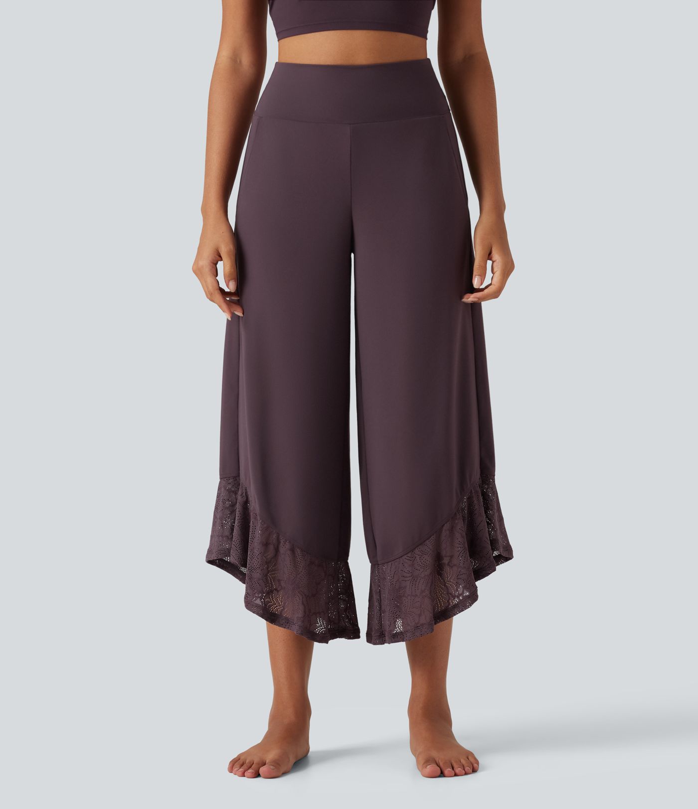 SoftlyZero™ High Waisted Contrast Lace Curved Hem Wide Leg Yoga Pants with Pockets-UPF50+ SoftlyZero™ High Waisted Contrast Lace Curved Hem Wide Leg Yoga Pants with Pockets-UPF50+