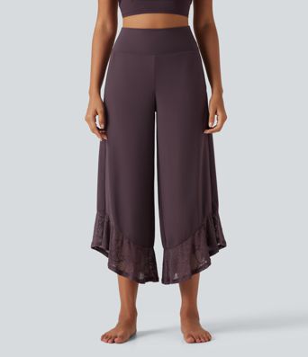 SoftlyZero™ High Waisted Contrast Lace Curved Hem Wide Leg Yoga Pants with Pockets-UPF50+ SoftlyZero™ High Waisted Contrast Lace Curved Hem Wide Leg Yoga Pants with Pockets-UPF50+