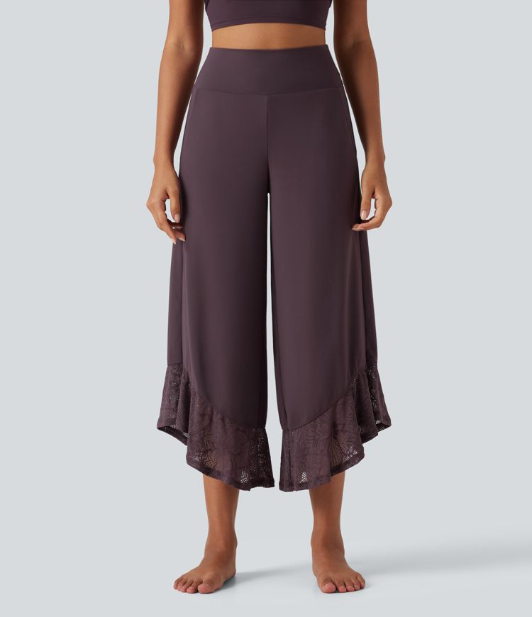 SoftlyZero™ High Waisted Contrast Lace Curved Hem Wide Leg Yoga Pants with Pockets-UPF50+ SoftlyZero™ High Waisted Contrast Lace Curved Hem Wide Leg Yoga Pants with Pockets-UPF50+