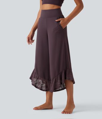 SoftlyZero™ High Waisted Contrast Lace Curved Hem Wide Leg Yoga Pants with Pockets-UPF50+ SoftlyZero™ High Waisted Contrast Lace Curved Hem Wide Leg Yoga Pants with Pockets-UPF50+