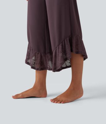 SoftlyZero™ High Waisted Contrast Lace Curved Hem Wide Leg Yoga Pants with Pockets-UPF50+ SoftlyZero™ High Waisted Contrast Lace Curved Hem Wide Leg Yoga Pants with Pockets-UPF50+