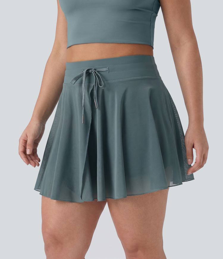 Plus Size High Waisted Drawstring Contrast Mesh 2-in-1 Flowy Mini Flare Casual Skirt with  Pockets-Longer Length