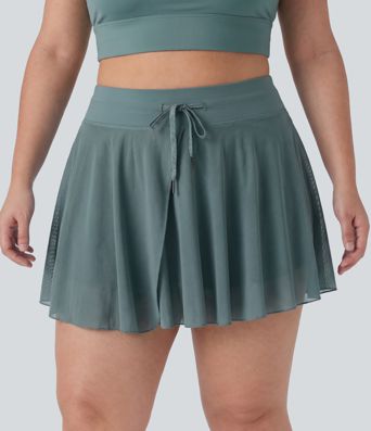 Plus Size High Waisted Drawstring Contrast Mesh 2-in-1 Flowy Mini Flare Casual Skirt with  Pockets-Longer Length