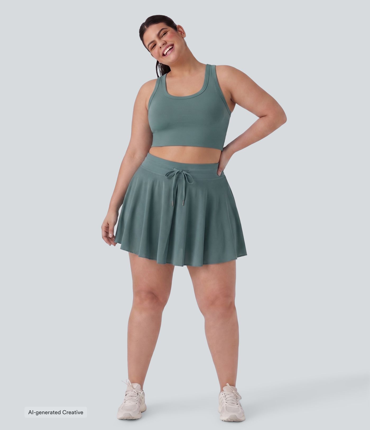 Plus Size High Waisted Drawstring Contrast Mesh 2-in-1 Flowy Mini Flare Casual Skirt with  Pockets-Longer Length