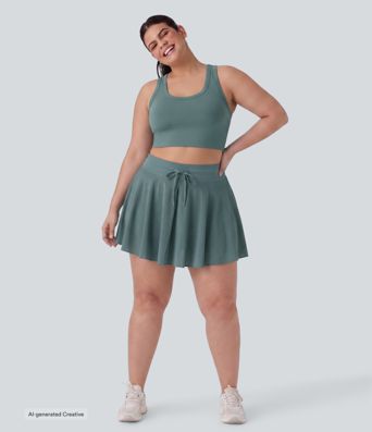 Plus Size High Waisted Drawstring Contrast Mesh 2-in-1 Flowy Mini Flare Casual Skirt with  Pockets-Longer Length