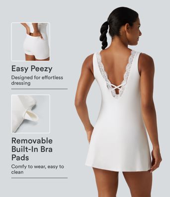 Softlyzero™ Plush - 2-in-1 Yoga-Minikleid mit V-Ausschnitt, Seitentaschen, integriertem BH und Kontrastspitze - Easy Peezy Edition