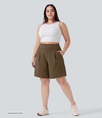 Plus Size DayStretch High Waisted Pleated Work Bermuda Shorts 10'' with Pockets
