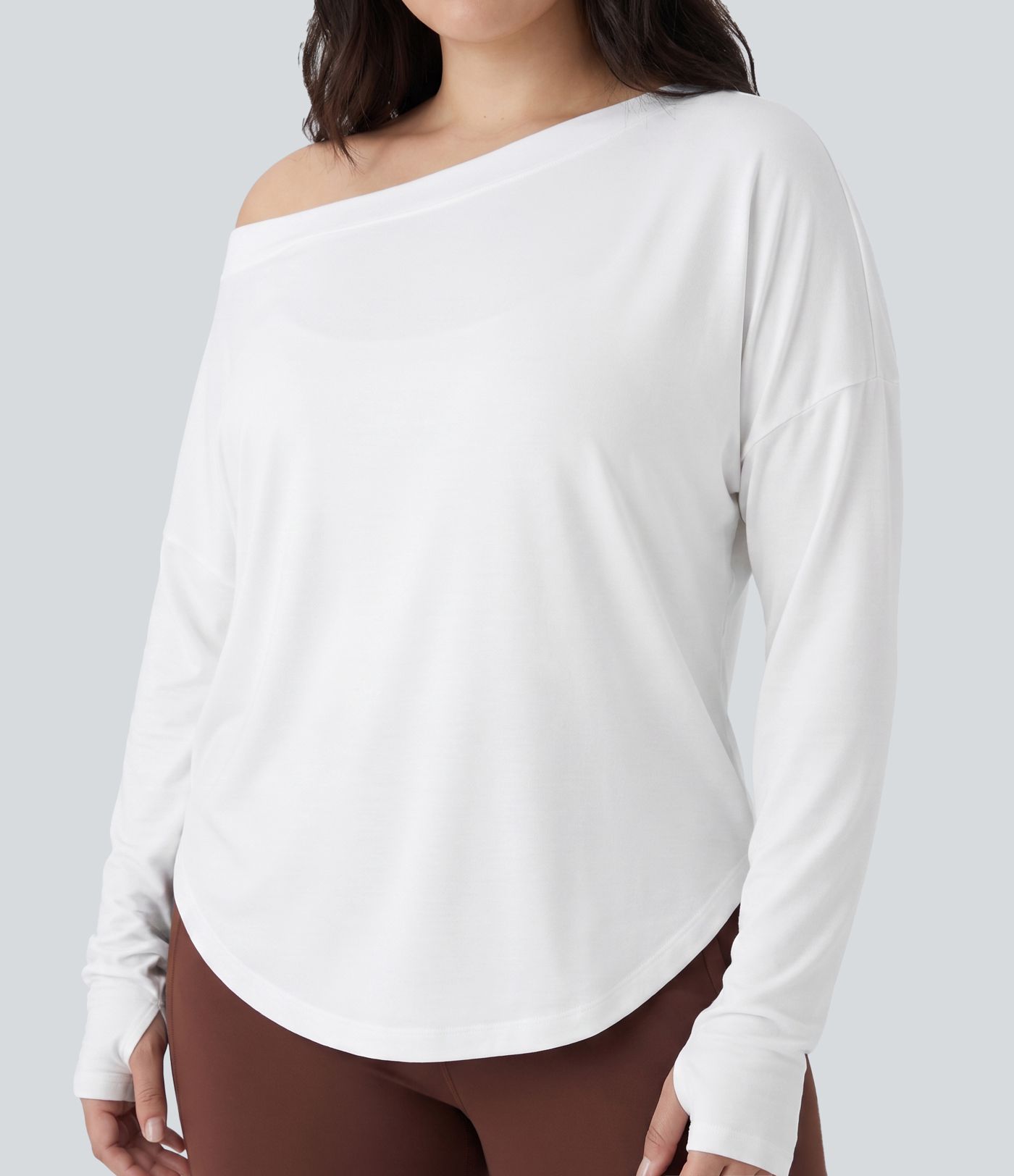 Plus Size One Shoulder Long Sleeve Thumb Hole Curved Hem High Low Quick Dry Yoga Sports Top Plus Size One Shoulder Long Sleeve Thumb Hole Curved Hem High Low Quick Dry Yoga Sports Top