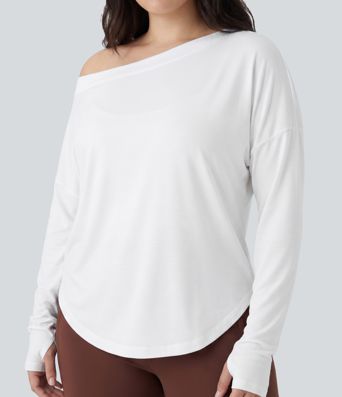 Plus Size One Shoulder Long Sleeve Thumb Hole Curved Hem High Low Quick Dry Yoga Sports Top Plus Size One Shoulder Long Sleeve Thumb Hole Curved Hem High Low Quick Dry Yoga Sports Top