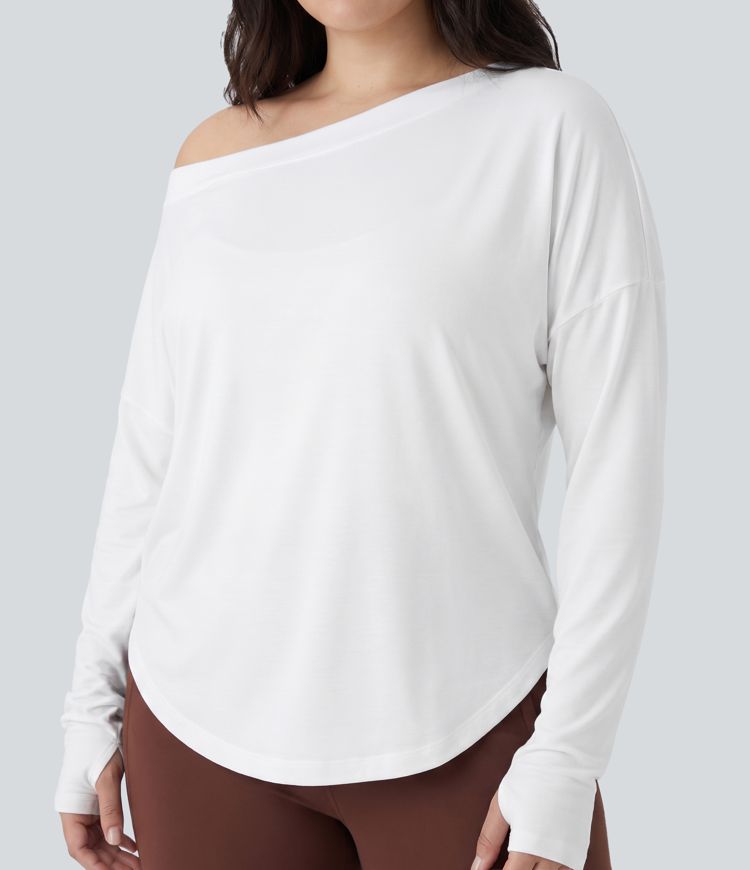 Plus Size One Shoulder Long Sleeve Thumb Hole Curved Hem High Low Quick Dry Yoga Sports Top Plus Size One Shoulder Long Sleeve Thumb Hole Curved Hem High Low Quick Dry Yoga Sports Top