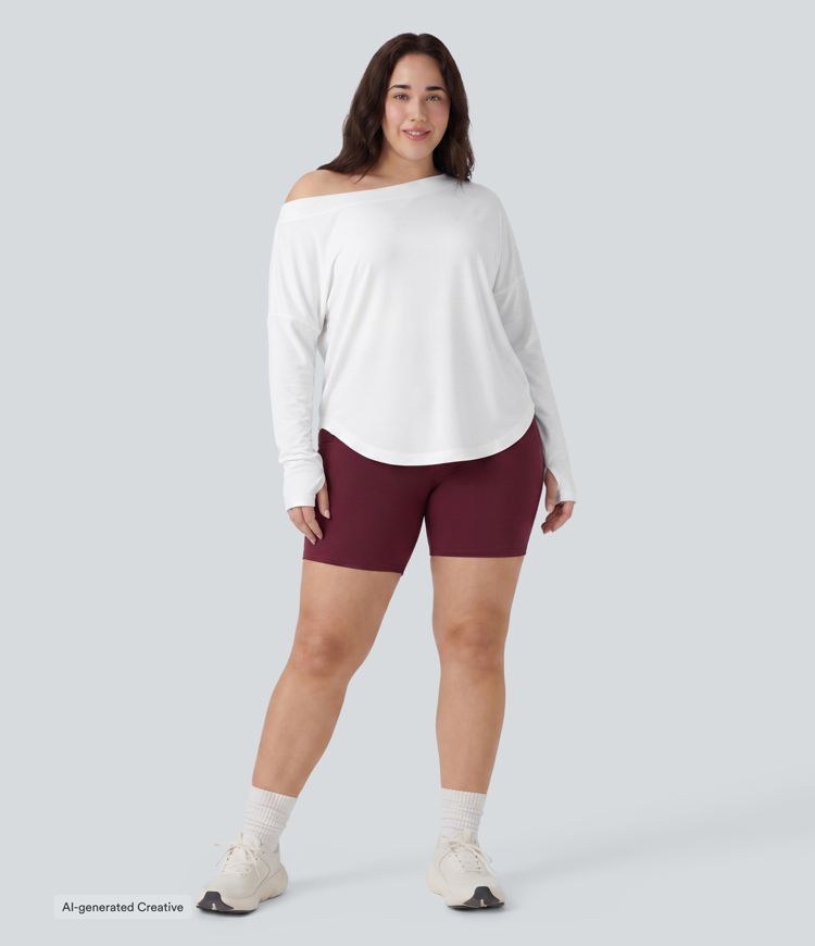 Plus Size One Shoulder Long Sleeve Thumb Hole Curved Hem High Low Quick Dry Yoga Sports Top Plus Size One Shoulder Long Sleeve Thumb Hole Curved Hem High Low Quick Dry Yoga Sports Top