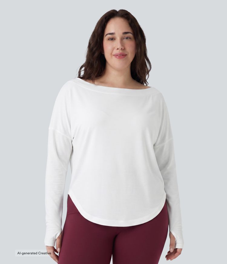 Plus Size One Shoulder Long Sleeve Thumb Hole Curved Hem High Low Quick Dry Yoga Sports Top Plus Size One Shoulder Long Sleeve Thumb Hole Curved Hem High Low Quick Dry Yoga Sports Top