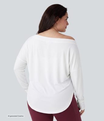 Plus Size One Shoulder Long Sleeve Thumb Hole Curved Hem High Low Quick Dry Yoga Sports Top Plus Size One Shoulder Long Sleeve Thumb Hole Curved Hem High Low Quick Dry Yoga Sports Top