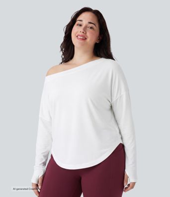 Plus Size One Shoulder Long Sleeve Thumb Hole Curved Hem High Low Quick Dry Yoga Sports Top Plus Size One Shoulder Long Sleeve Thumb Hole Curved Hem High Low Quick Dry Yoga Sports Top
