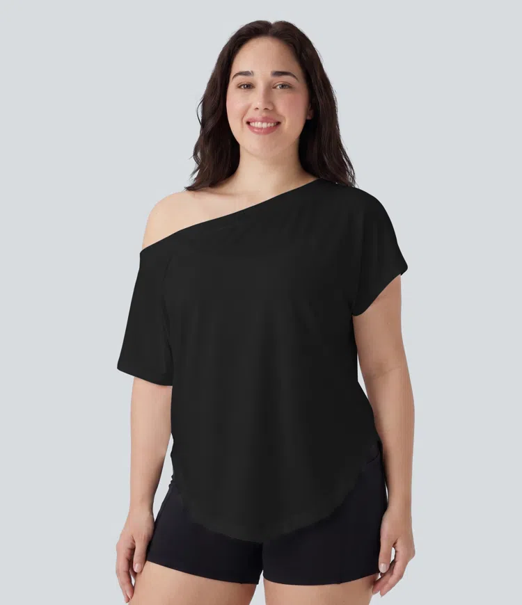 Plus Size One Shoulder Short Sleeve Curved Hem High Low Quick Dry Yoga Sports Top
