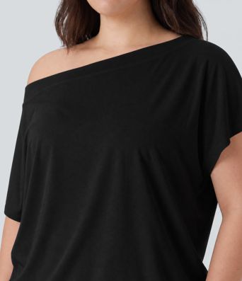 Plus Size One Shoulder Short Sleeve Curved Hem High Low Quick Dry Yoga Sports Top